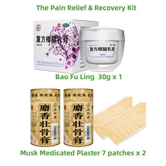 Pain Relief & Recovery Kit Bao Fu Ling 30g x 1+Musk Medicated Plaster 7 patches x2 - 優惠套裝 - Bao Fu Ling Online Store