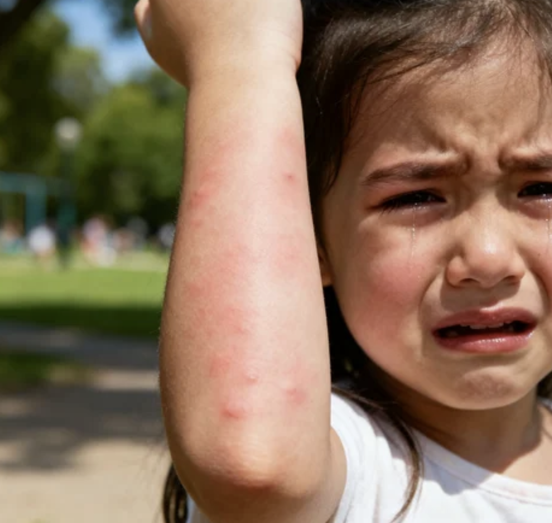 Comparison graphic showing the difference between a typical mosquito bite pattern and a broader hive-like skin reaction